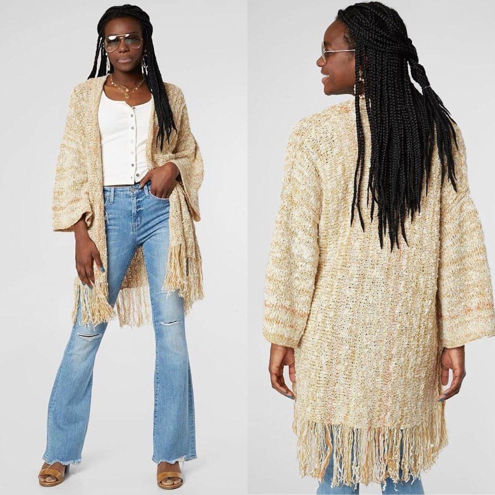 Free People‎ Lucia Cardigan Sweater Size M/L Striped Multicolor Fringe Trim Open